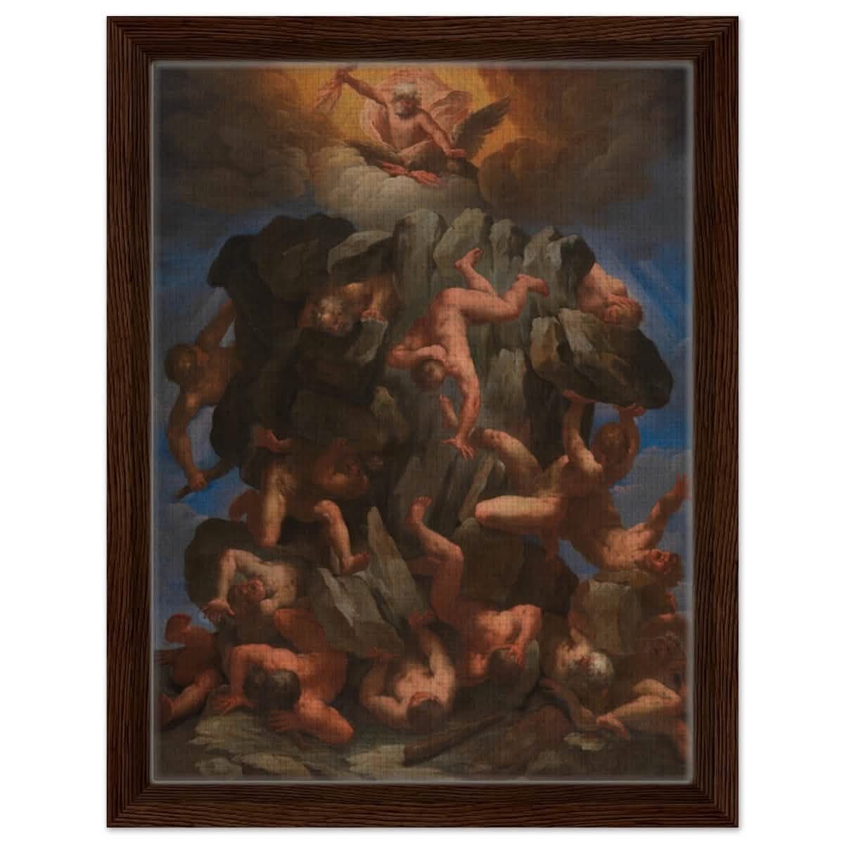 The Fall of the Giants by Guido Reni | Vintage wall art print - Framed Canvas - 30x40 cm / 12x16″ - Dark wood frame