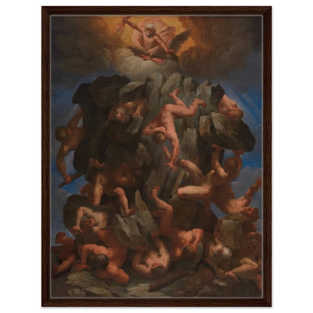 The Fall of the Giants by Guido Reni | Vintage wall art print - Framed Canvas - 60x80 cm / 24x32″ - Dark wood frame
