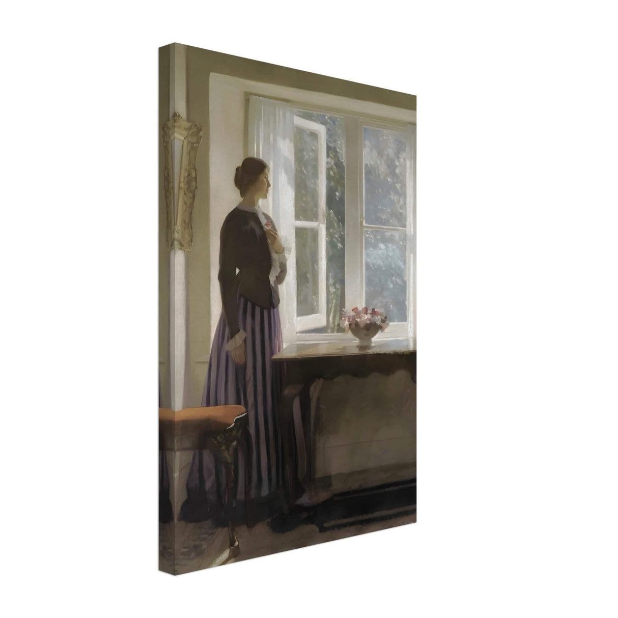 The Girl and the Picture, A Flower by Harold Knight Vintage Wall Art - Canvas - 30x45 cm / 12x18″ - Slim