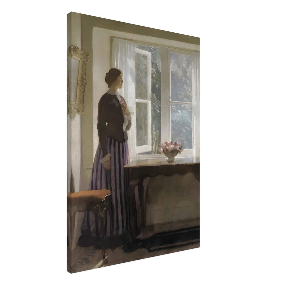 The Girl and the Picture, A Flower by Harold Knight Vintage Wall Art - Canvas - 70x100 cm / 28x40″ - Thick