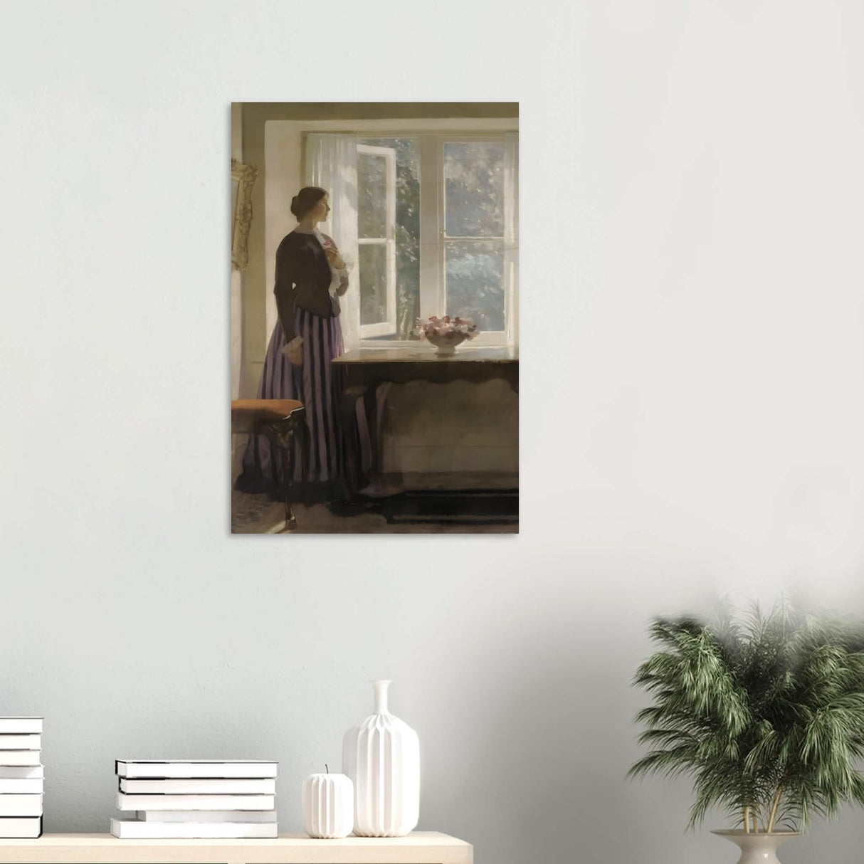 The Girl and the Picture, A Flower by Harold Knight Vintage Wall Art - Wood Prints - 50x75 cm / 20x30″ - 20 mm