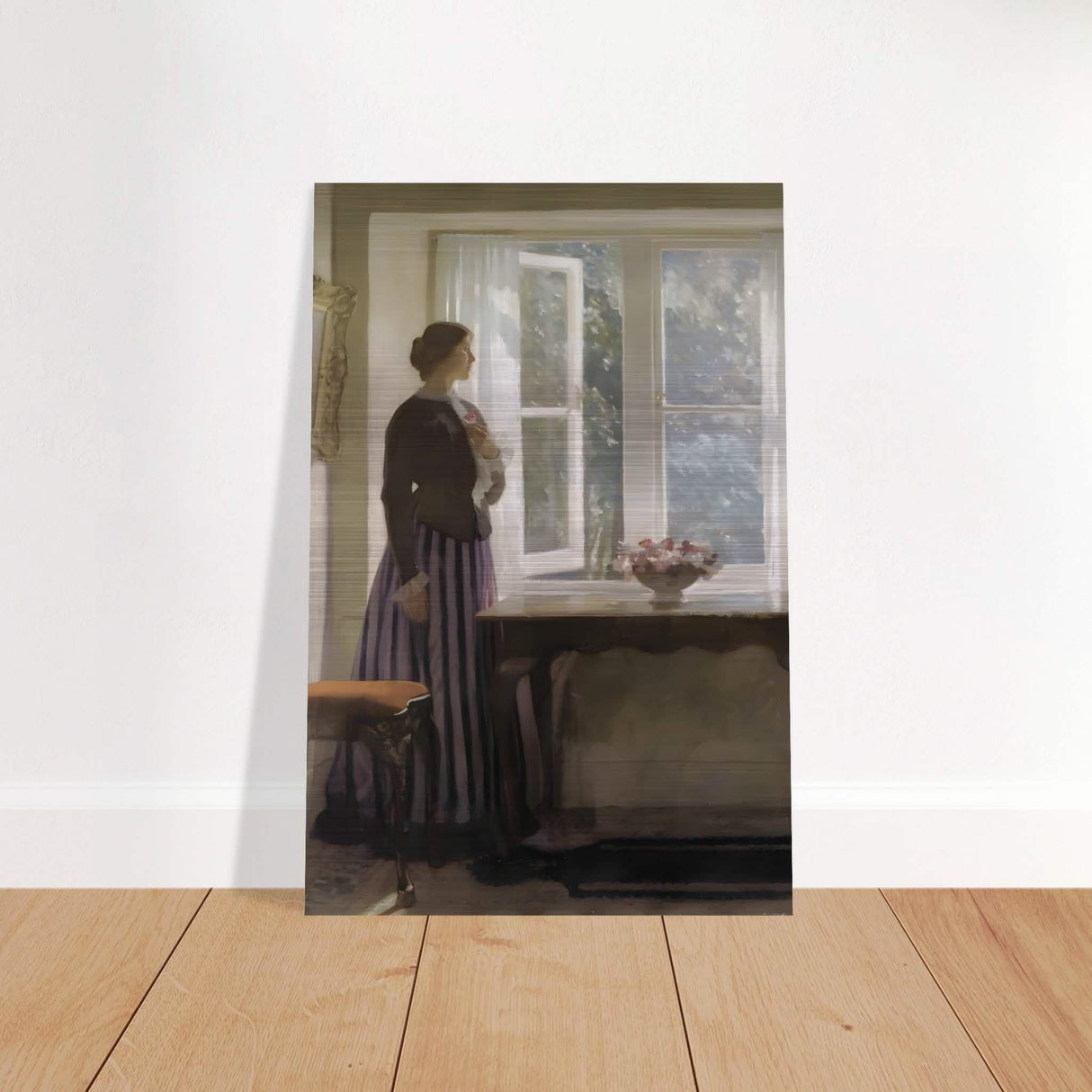 The Girl and the Picture, A Flower by Harold Knight Vintage Wall Art - Brushed Aluminum Print - 40x60 cm / 16x24″ -