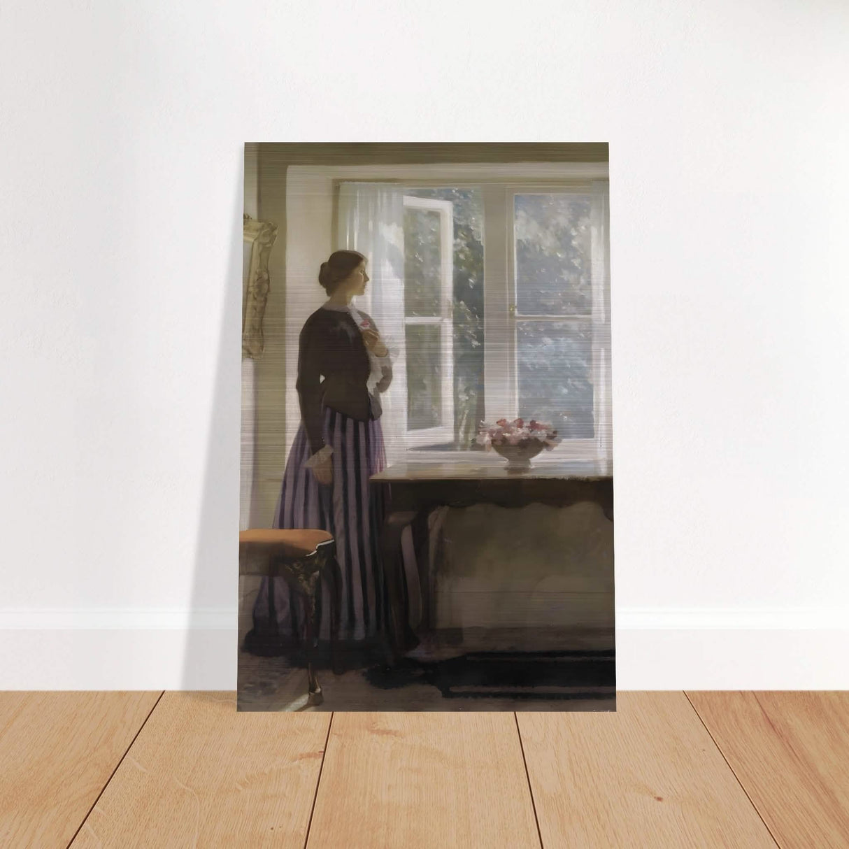 The Girl and the Picture, A Flower by Harold Knight Vintage Wall Art - Brushed Aluminum Print - 30x45 cm / 12x18″ -