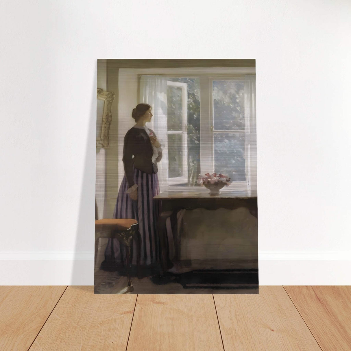 The Girl and the Picture, A Flower by Harold Knight Vintage Wall Art - Brushed Aluminum Print - 70x100 cm / 28x40″ -