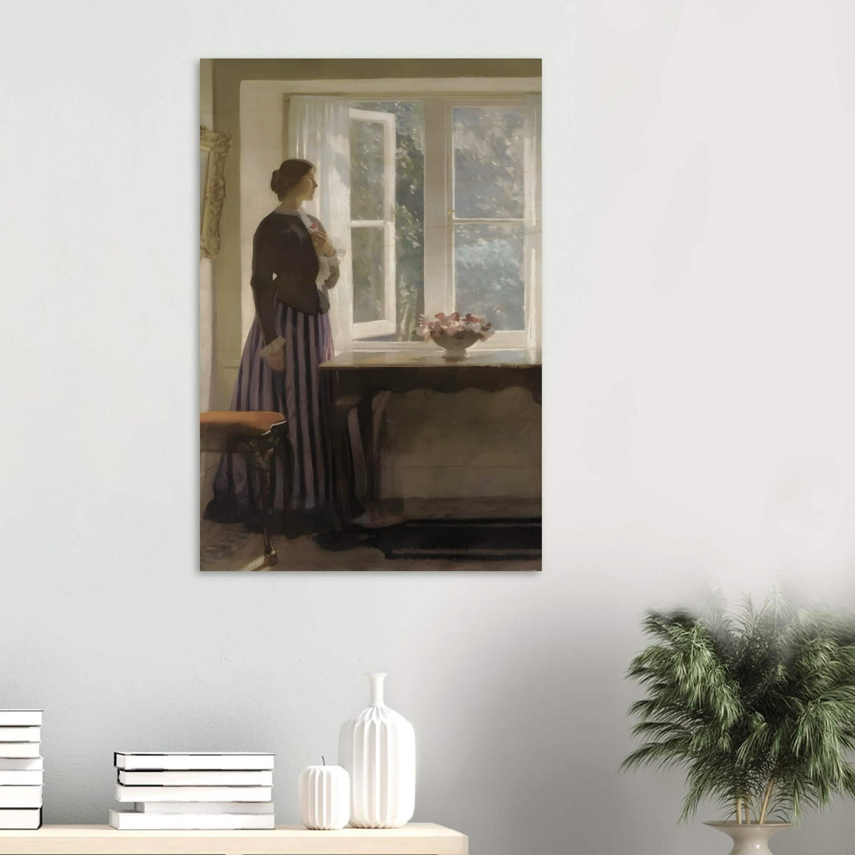 The Girl and the Picture, A Flower by Harold Knight Vintage Wall Art - Wood Prints - 60x90 cm / 24x36″ - 20 mm