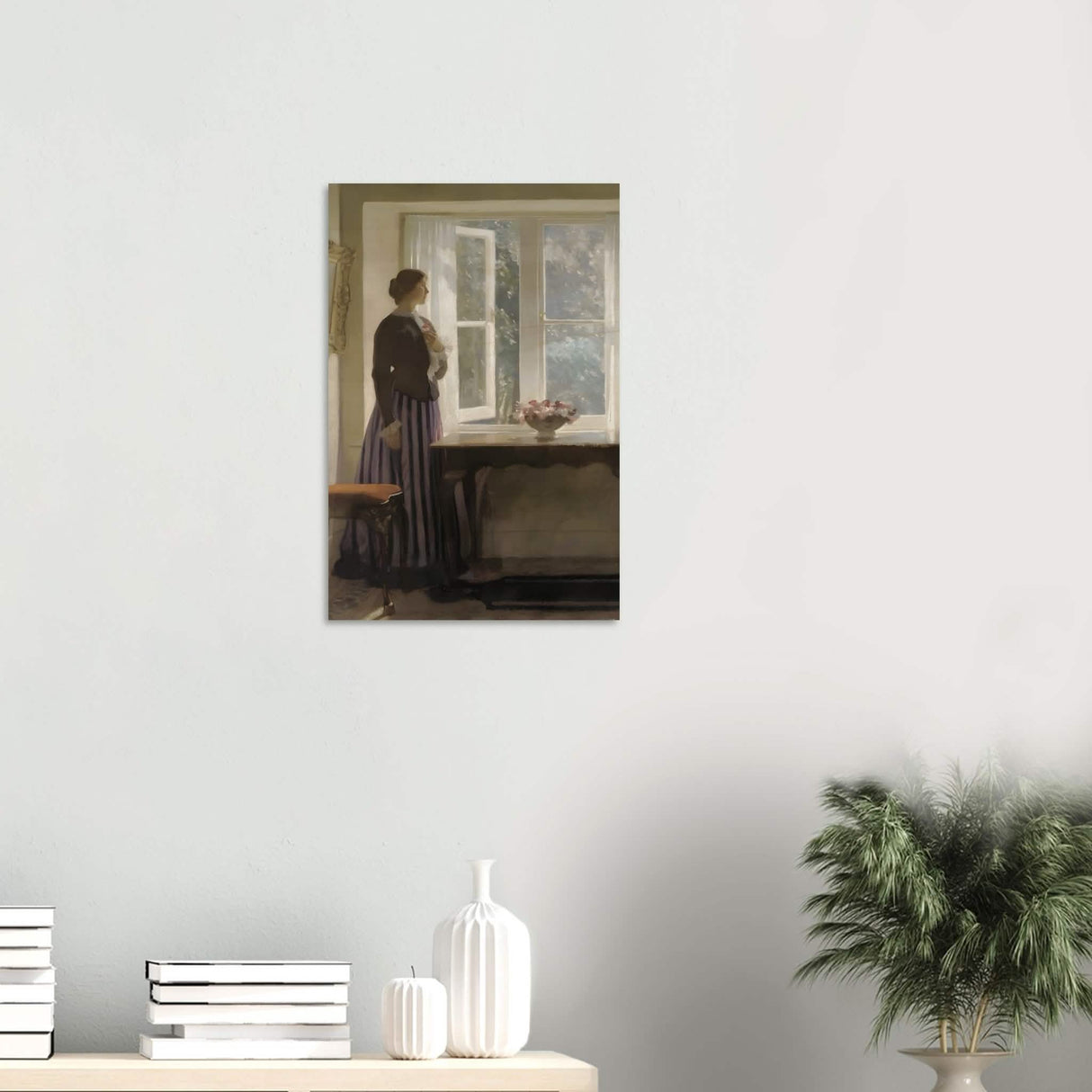 The Girl and the Picture, A Flower by Harold Knight Vintage Wall Art - Wood Prints - 40x60 cm / 16x24″ - 10 mm