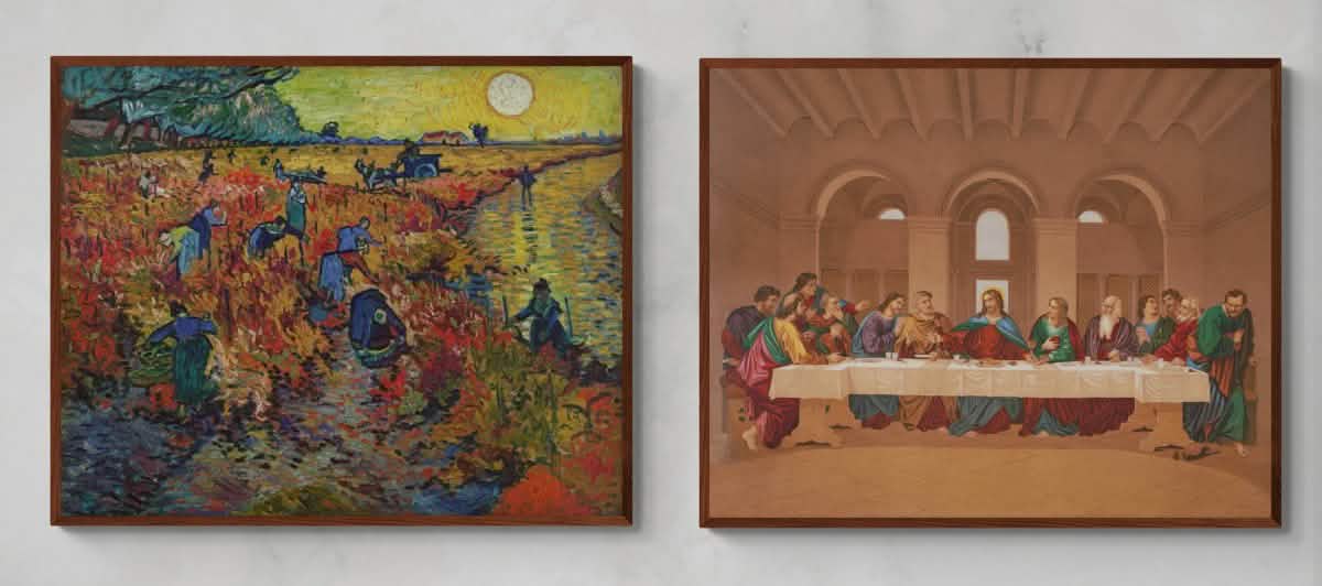 The Last Supper & The Red Vineyard Duo | Rustic Harmony Duo | Set of 2 wall art print - Framed Canvas - 30X45 CM / 12X18″ - Dark wood frame