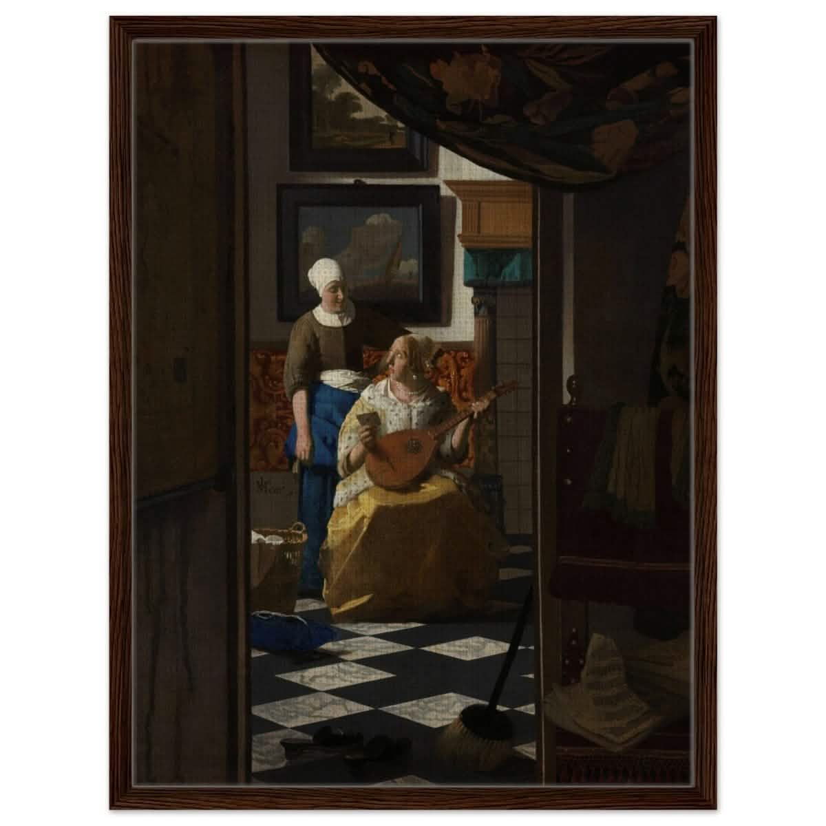 The Love Letter (ca. 1669 –1670) by Johannes Vermeer | vintage wall art print - Framed Canvas - 60x80 cm / 24x32″ - Dark wood frame