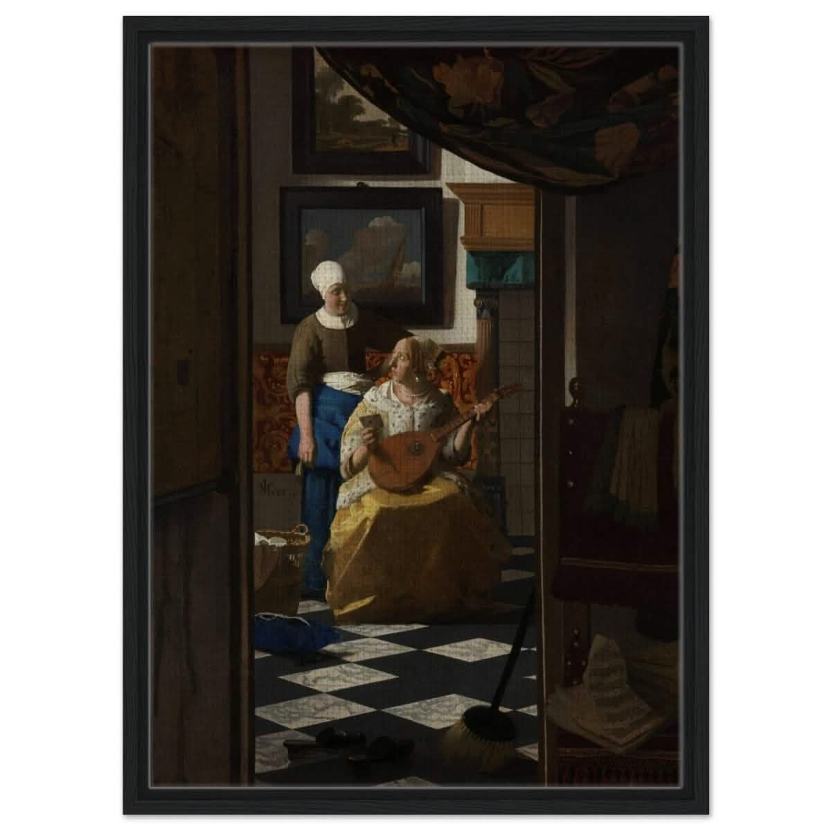 The Love Letter (ca. 1669 –1670) by Johannes Vermeer | vintage wall art print - Framed Canvas - 50x70 cm / 20x28″ - Black frame