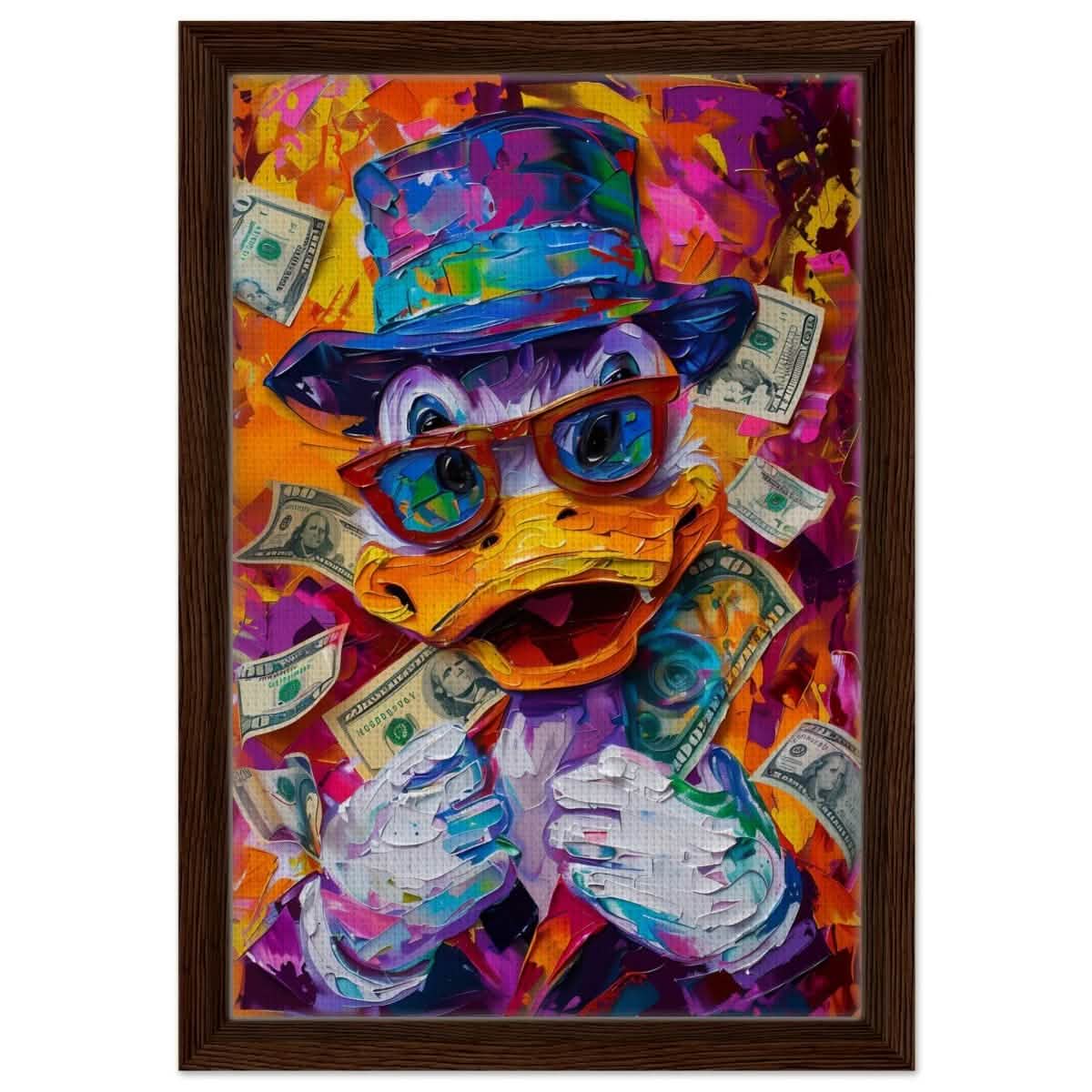 The Millionaire Duck | Contemporary Pop Culture wall Art print - Framed Canvas - 30x45 cm / 12x18″ - Dark wood frame