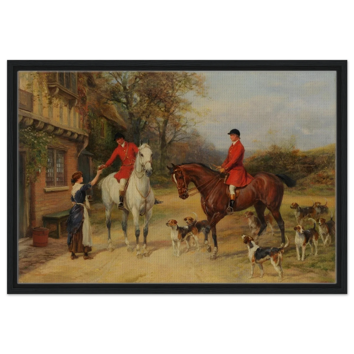 The Morning Meet – Equestrian & Hunting Scene Wall Art Print - Framed Canvas - 50x75 cm / 20x30″ - Black frame