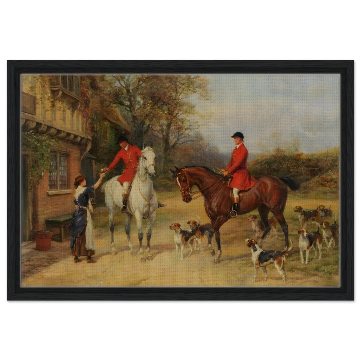 The Morning Meet – Equestrian & Hunting Scene Wall Art Print - Framed Canvas - 40x60 cm / 16x24″ - Black frame
