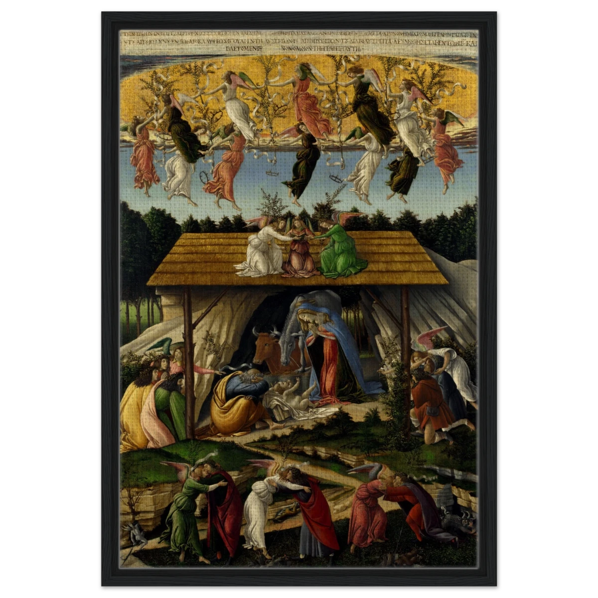 The Mystical Nativity by Sandro Botticelli | Vintage Wall art print - 50x75 cm / 20x30″ - Framed Canvas - Black frame