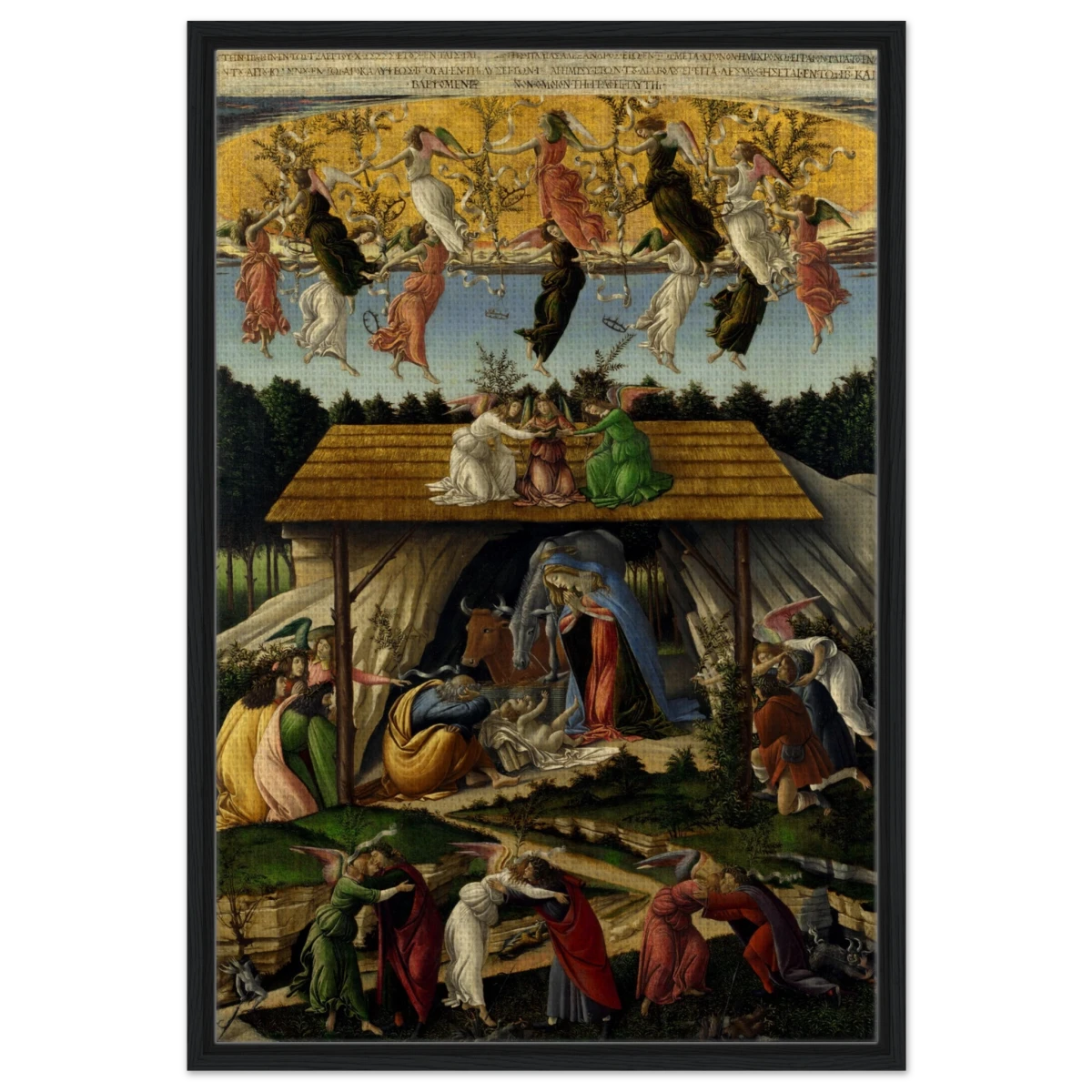 The Mystical Nativity by Sandro Botticelli | Vintage Wall art print - 60x90 cm / 24x36″ - Framed Canvas - Black frame