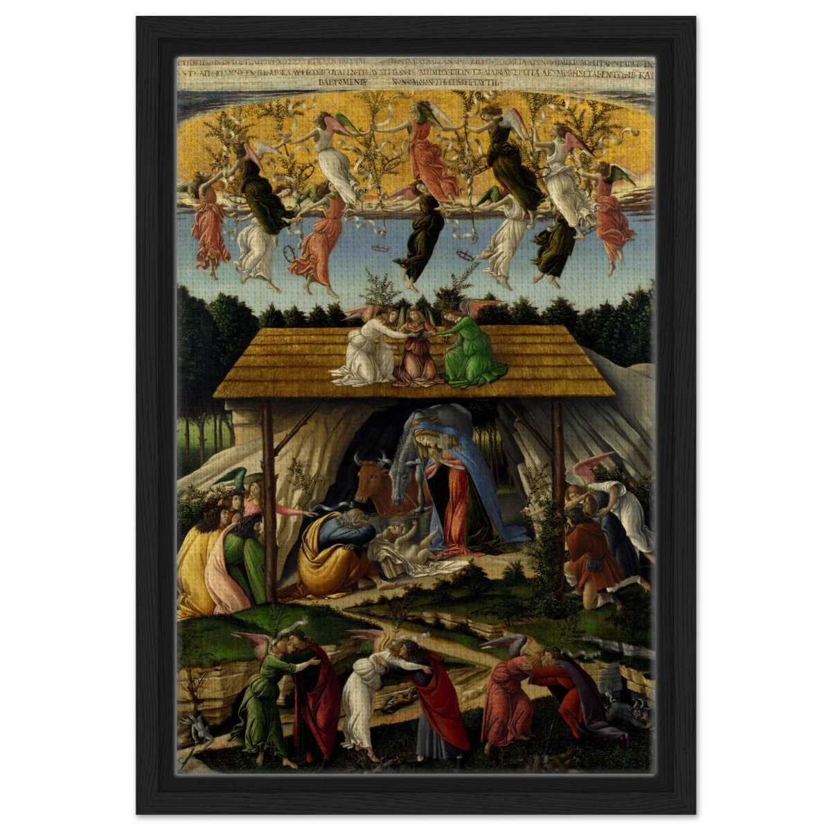 The Mystical Nativity by Sandro Botticelli | Vintage Wall art print - 30x45 cm / 12x18″ - Framed Canvas - Black frame