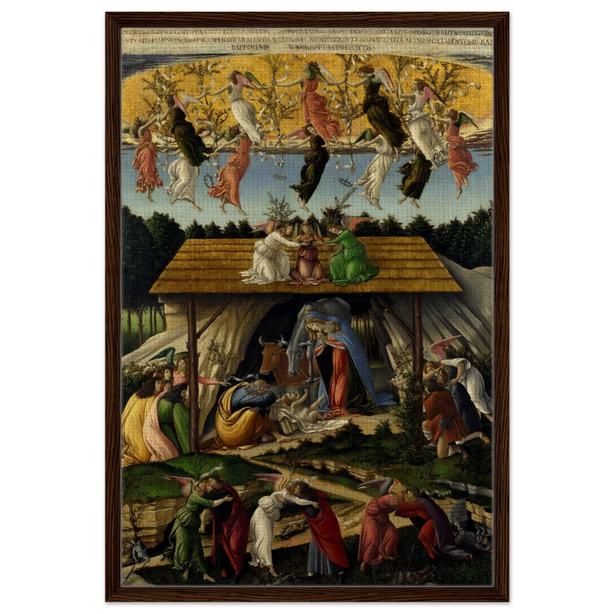 The Mystical Nativity by Sandro Botticelli | Vintage Wall art print - 60x90 cm / 24x36″ - Framed Canvas - Dark wood frame