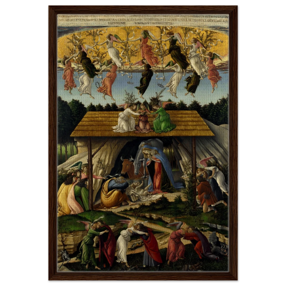 The Mystical Nativity by Sandro Botticelli | Vintage Wall art print - 50x75 cm / 20x30″ - Framed Canvas - Dark wood frame