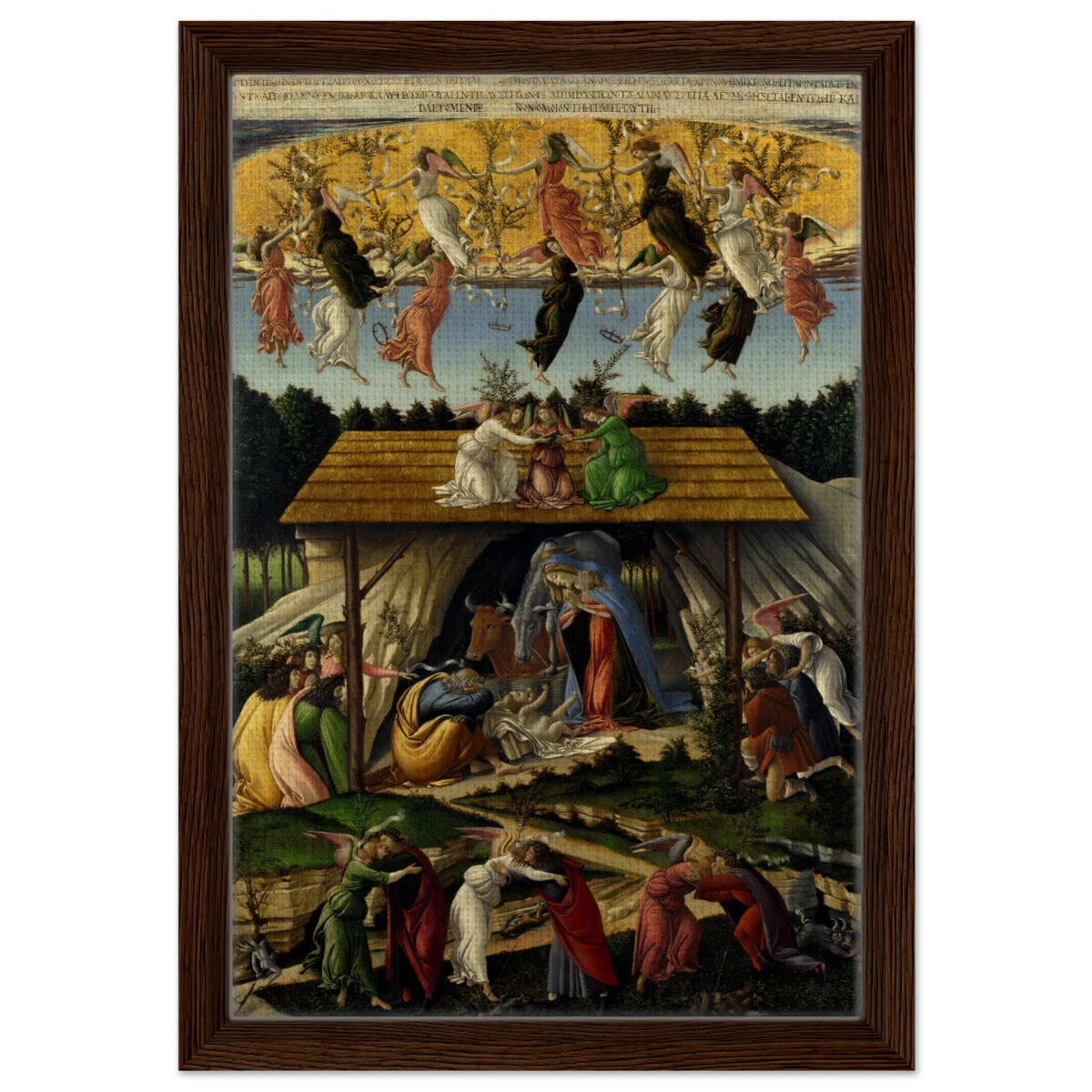 The Mystical Nativity by Sandro Botticelli | Vintage Wall art print - 30x45 cm / 12x18″ - Framed Canvas - Dark wood frame
