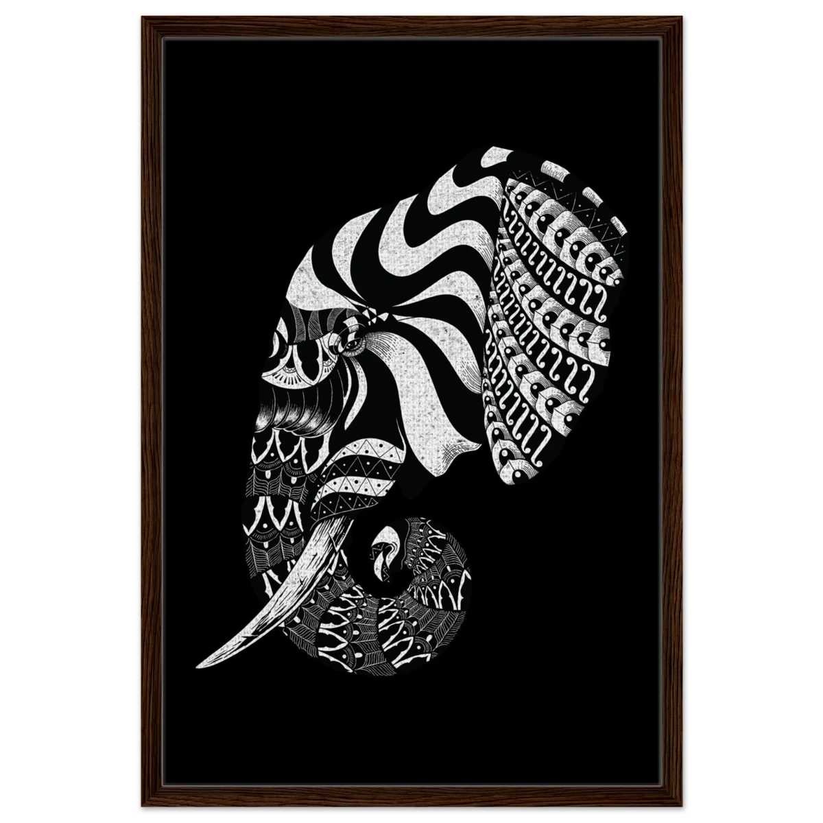 The Ornamental Titan | Minimalist Black and white Wall art print - 60x90 cm / 24x36″ - Framed Canvas - Dark wood frame