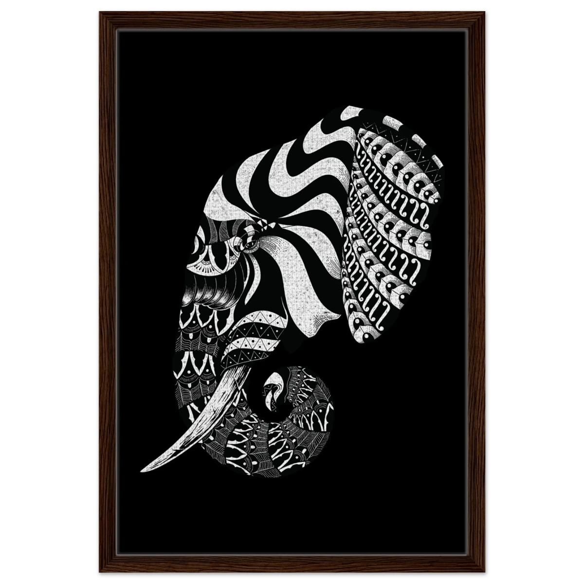 The Ornamental Titan | Minimalist Black and white Wall art print - 50x75 cm / 20x30″ - Framed Canvas - Dark wood frame