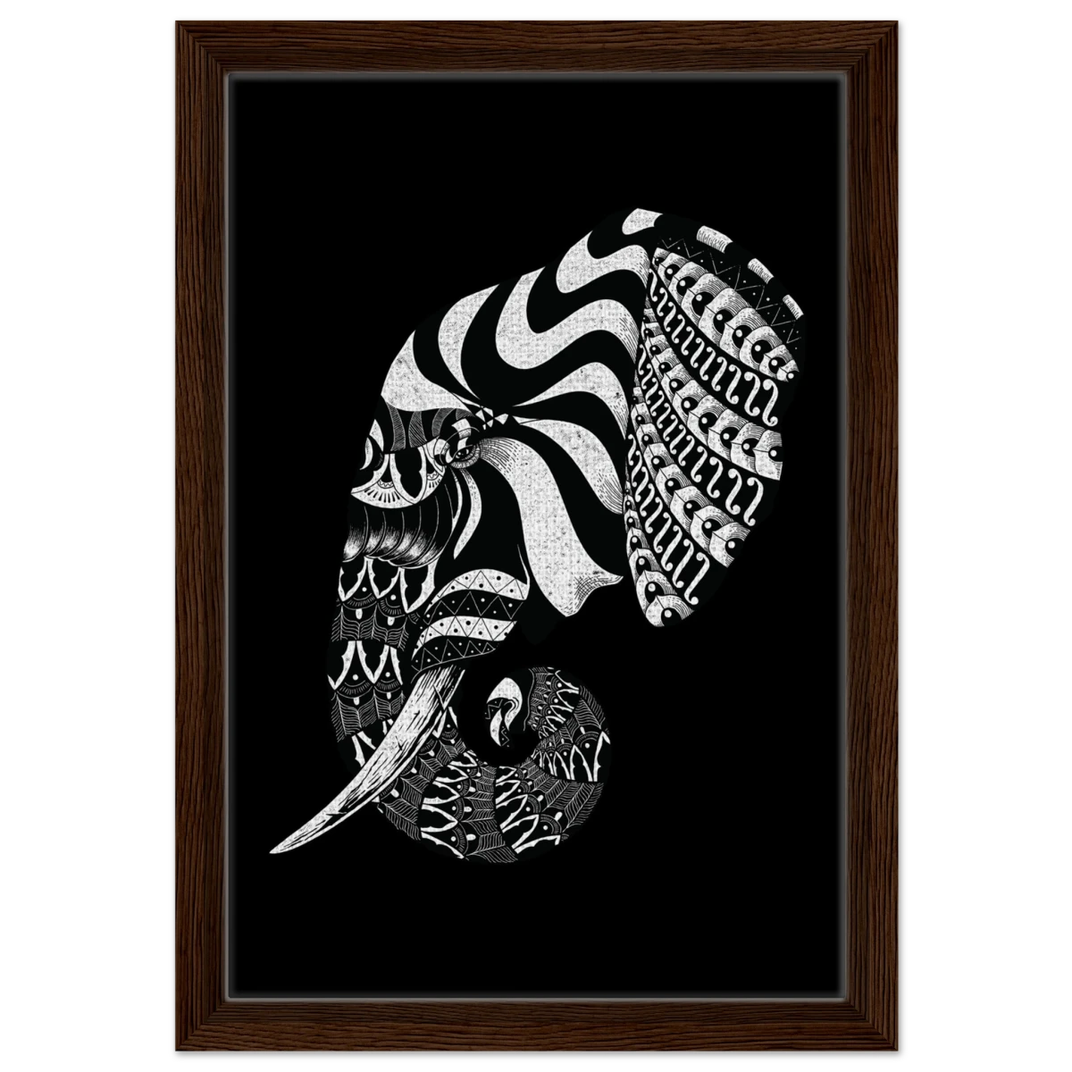 The Ornamental Titan | Minimalist Black and white Wall art print - 30x45 cm / 12x18″ - Framed Canvas - Dark wood frame