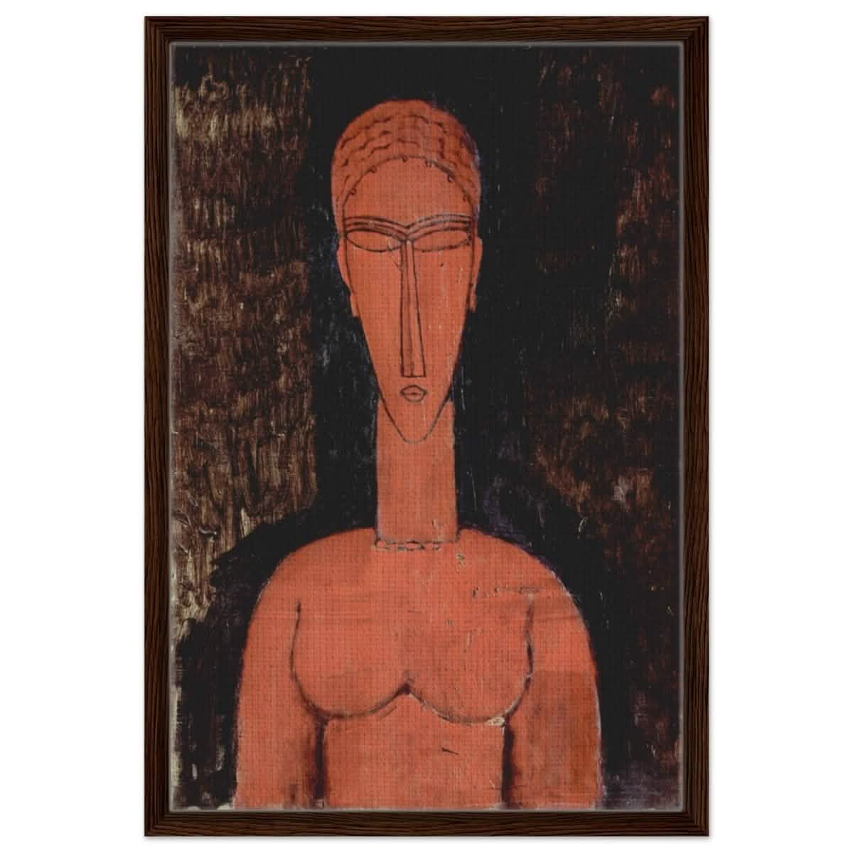 The Red Bust (1913) by Amedeo Modigliani | Vintage wall art print | Expressionism - Framed Canvas - 50x75 cm / 20x30″ - Dark wood frame