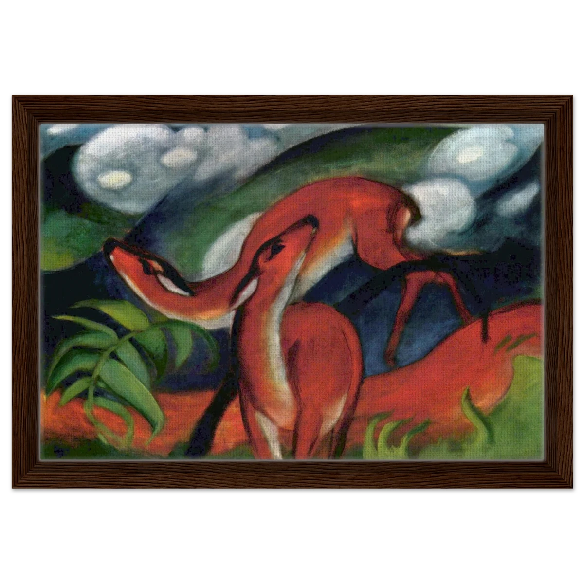 The Red Deer II – Franz Marc | Vintage Art Print - Framed Canvas - 30x45 cm / 12x18″ - Dark wood frame