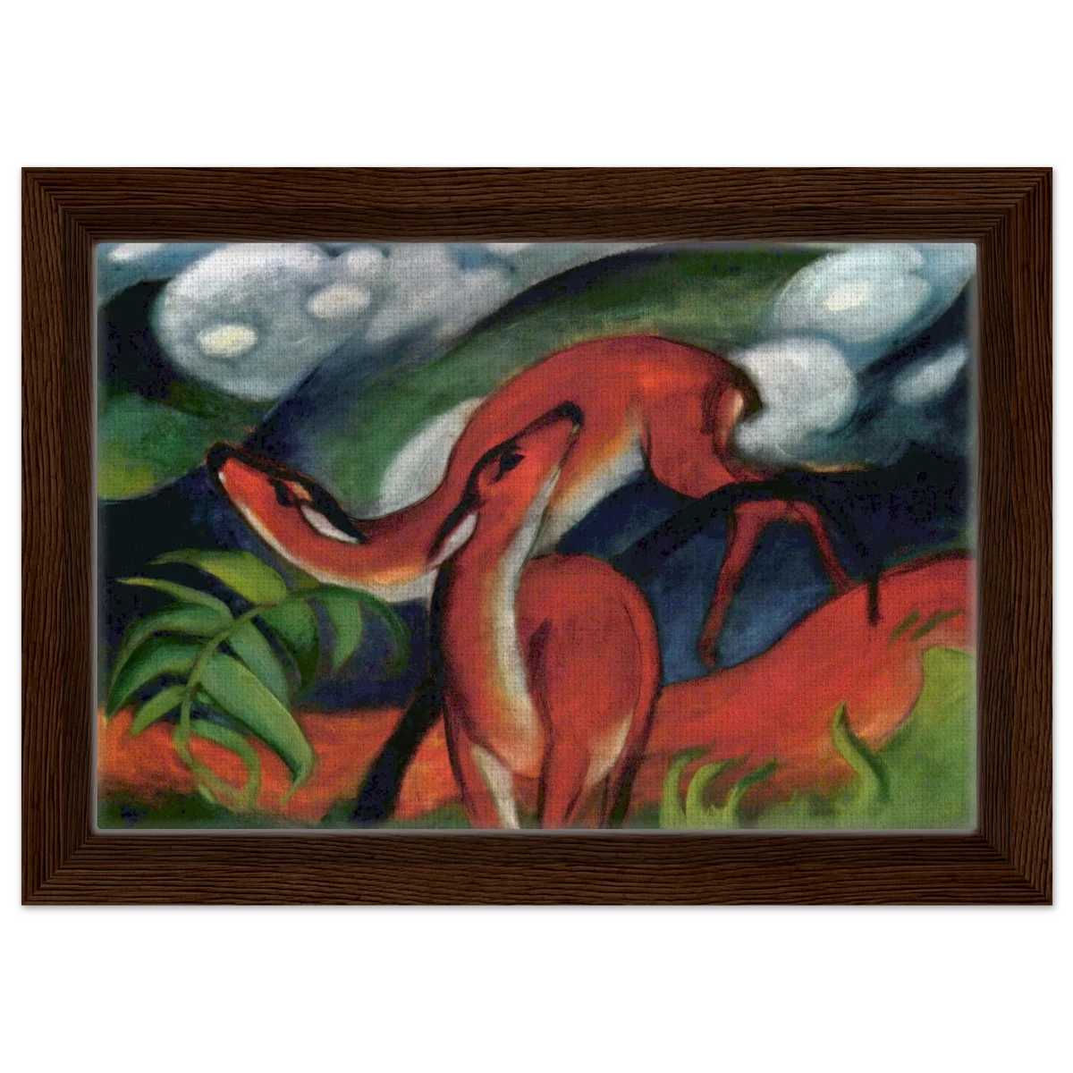 The Red Deer II – Franz Marc | Vintage Art Print - Framed Canvas - 20x30 cm / 8x12″ - Dark wood frame
