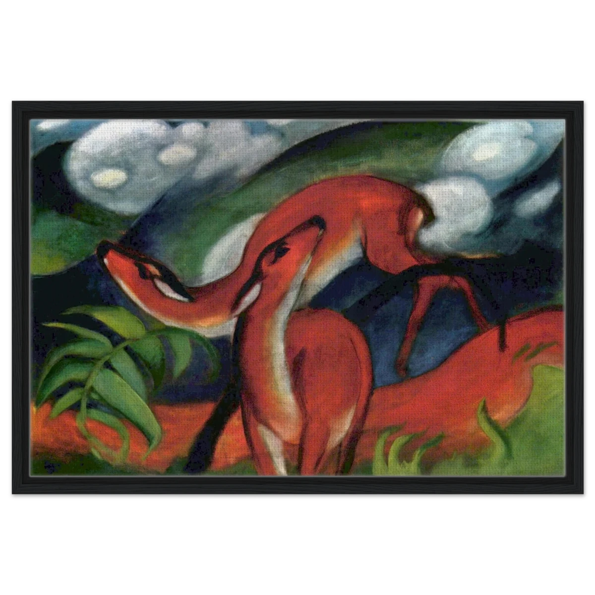 The Red Deer II – Franz Marc | Vintage Art Print - Framed Canvas - 50x75 cm / 20x30″ - Black frame