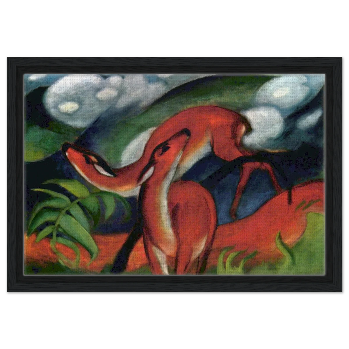 The Red Deer II – Franz Marc | Vintage Art Print - Framed Canvas - 30x45 cm / 12x18″ - Black frame