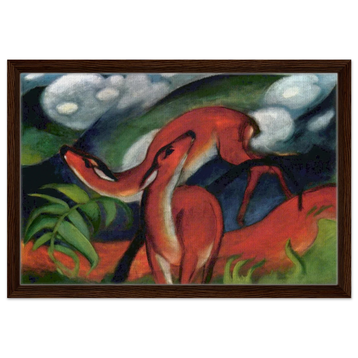 The Red Deer II – Franz Marc | Vintage Art Print - Framed Canvas - 40x60 cm / 16x24″ - Dark wood frame