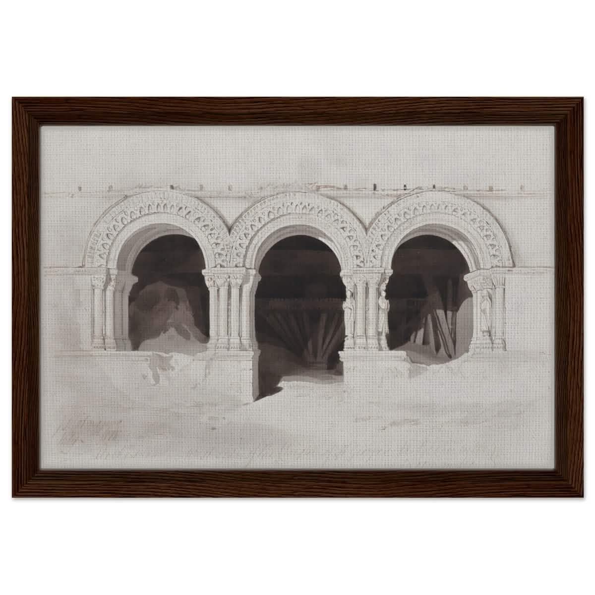The West Side of the Cloister of St Georges de Boscherville by John Sell Cotman wall Art Print - Framed Canvas - 30x45 cm / 12x18″ - Dark wood frame