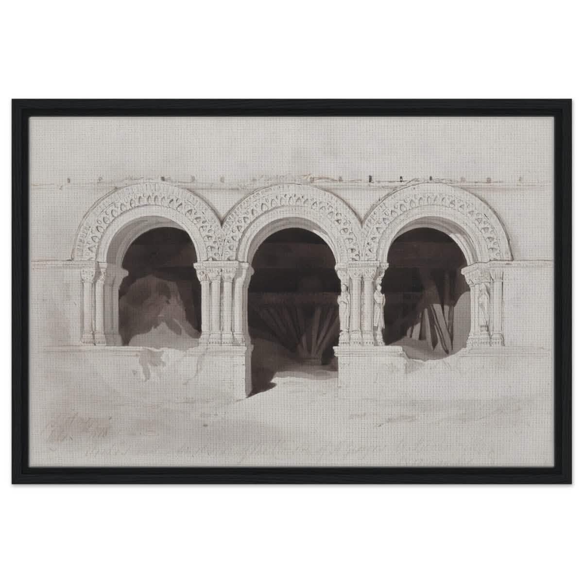 The West Side of the Cloister of St Georges de Boscherville by John Sell Cotman wall Art Print - Framed Canvas - 50x75 cm / 20x30″ - Black frame