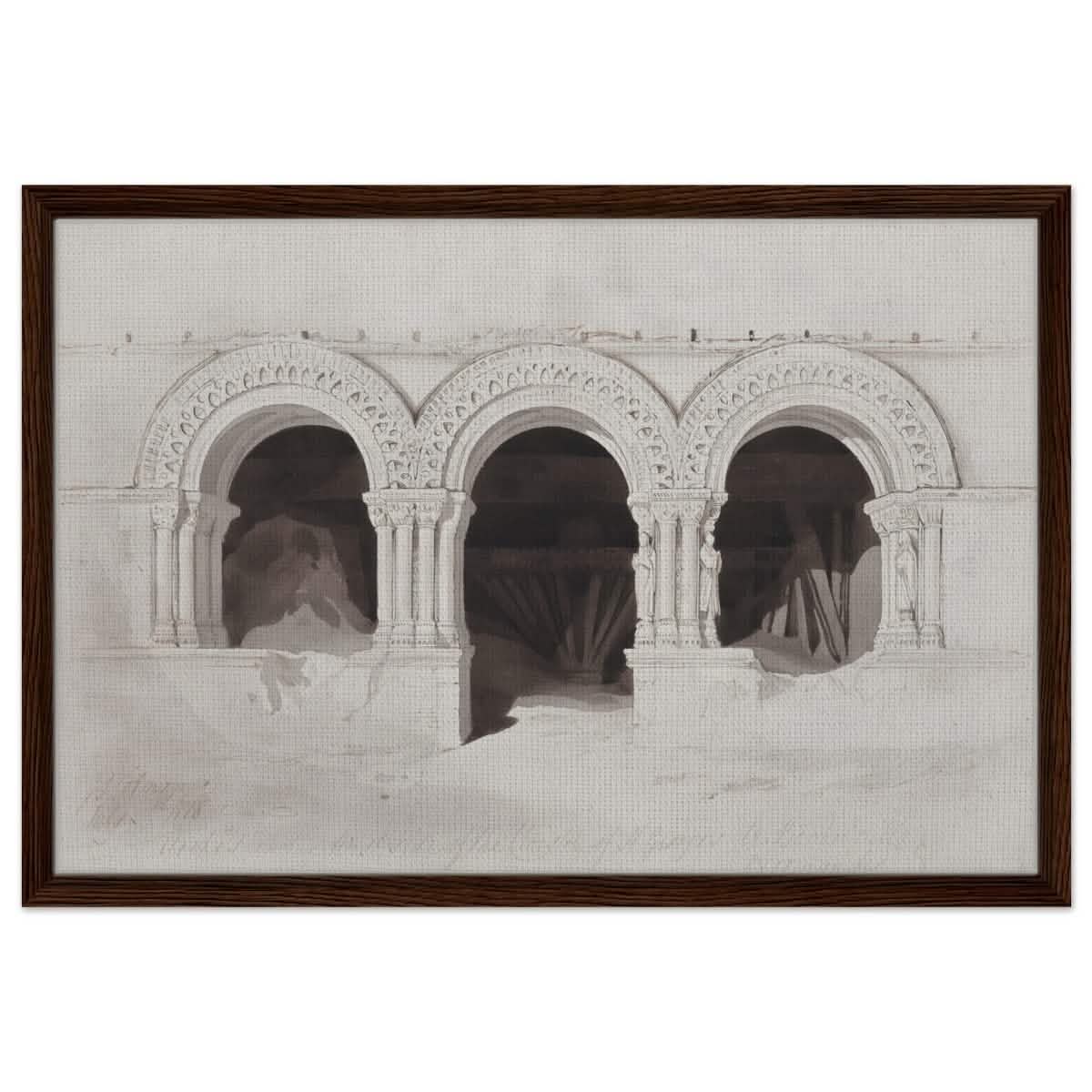 The West Side of the Cloister of St Georges de Boscherville by John Sell Cotman wall Art Print - Framed Canvas - 50x75 cm / 20x30″ - Dark wood frame