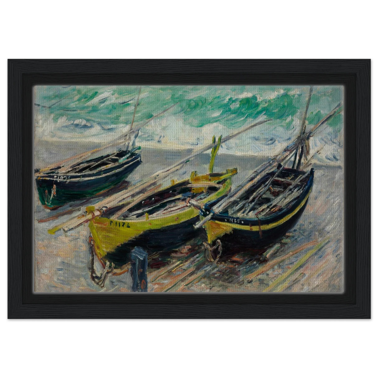 Three Fishing Boats (1886) – Claude Monet Wall Art Print - Framed Canvas - 20x30 cm / 8x12″ - Black frame