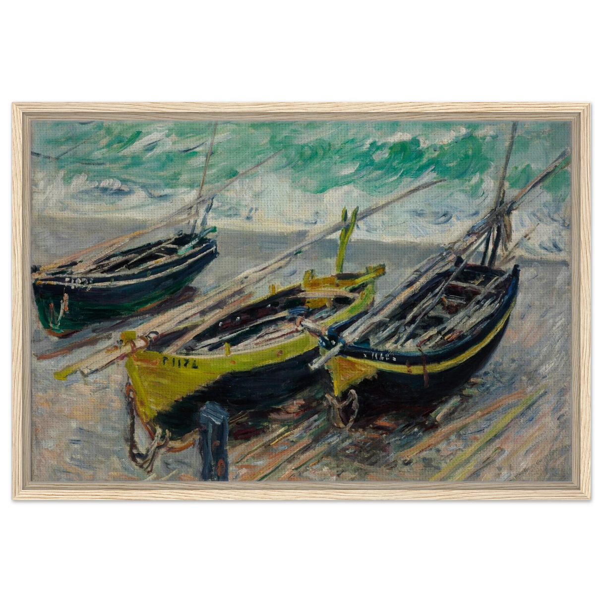 Three Fishing Boats (1886) – Claude Monet Wall Art Print - Framed Canvas - 50x75 cm / 20x30″ - Wood frame