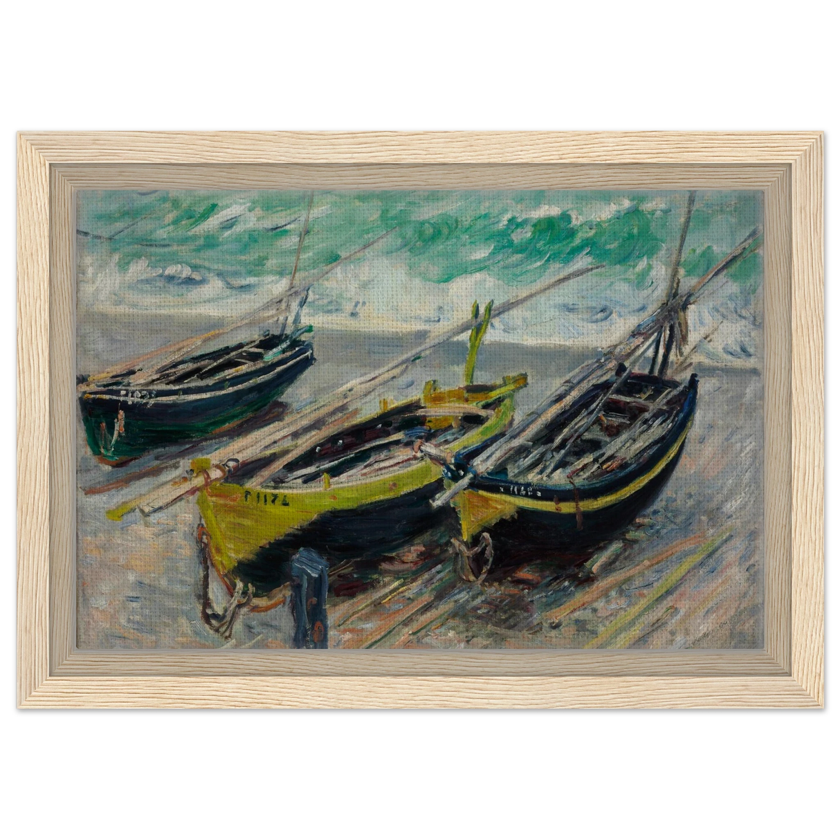 Three Fishing Boats (1886) – Claude Monet Wall Art Print - Framed Canvas - 20x30 cm / 8x12″ - Wood frame