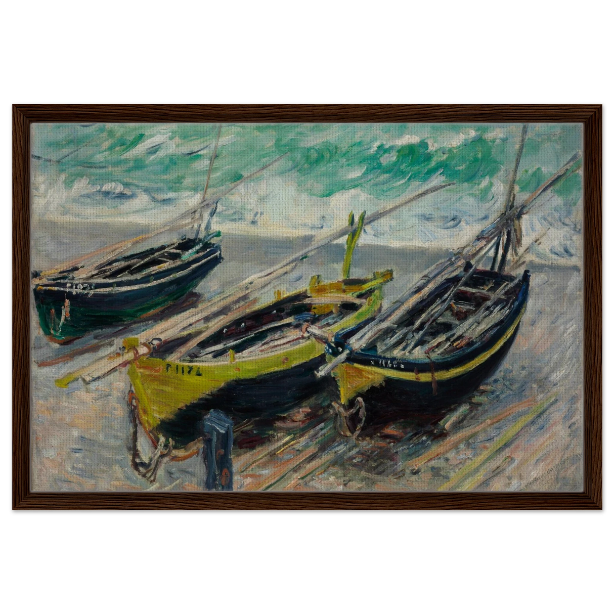 Three Fishing Boats (1886) – Claude Monet Wall Art Print - Framed Canvas - 50x75 cm / 20x30″ - Dark wood frame