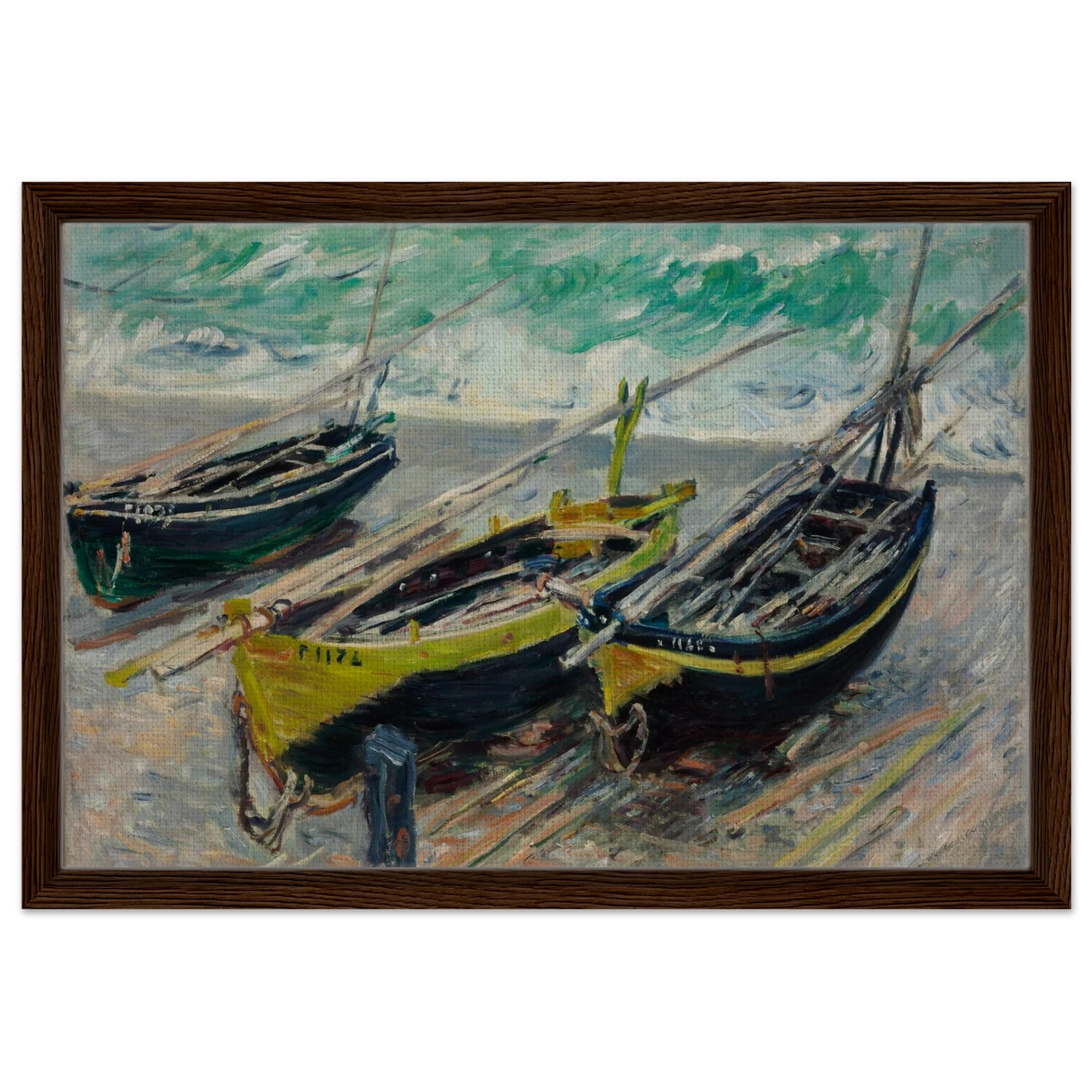 Three Fishing Boats (1886) – Claude Monet Wall Art Print - Framed Canvas - 40x60 cm / 16x24″ - Dark wood frame