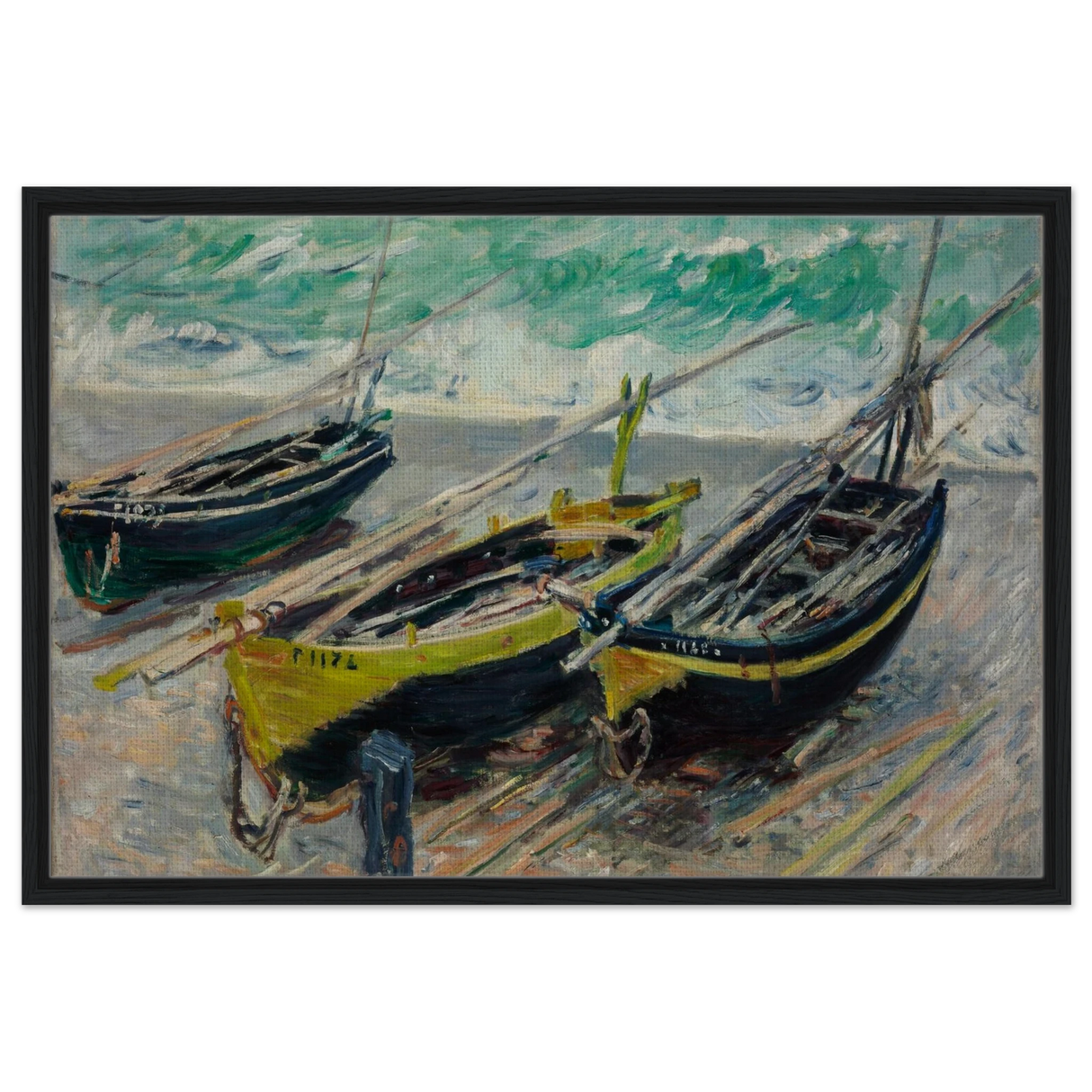 Three Fishing Boats (1886) – Claude Monet Wall Art Print - Framed Canvas - 60x90 cm / 24x36″ - Black frame