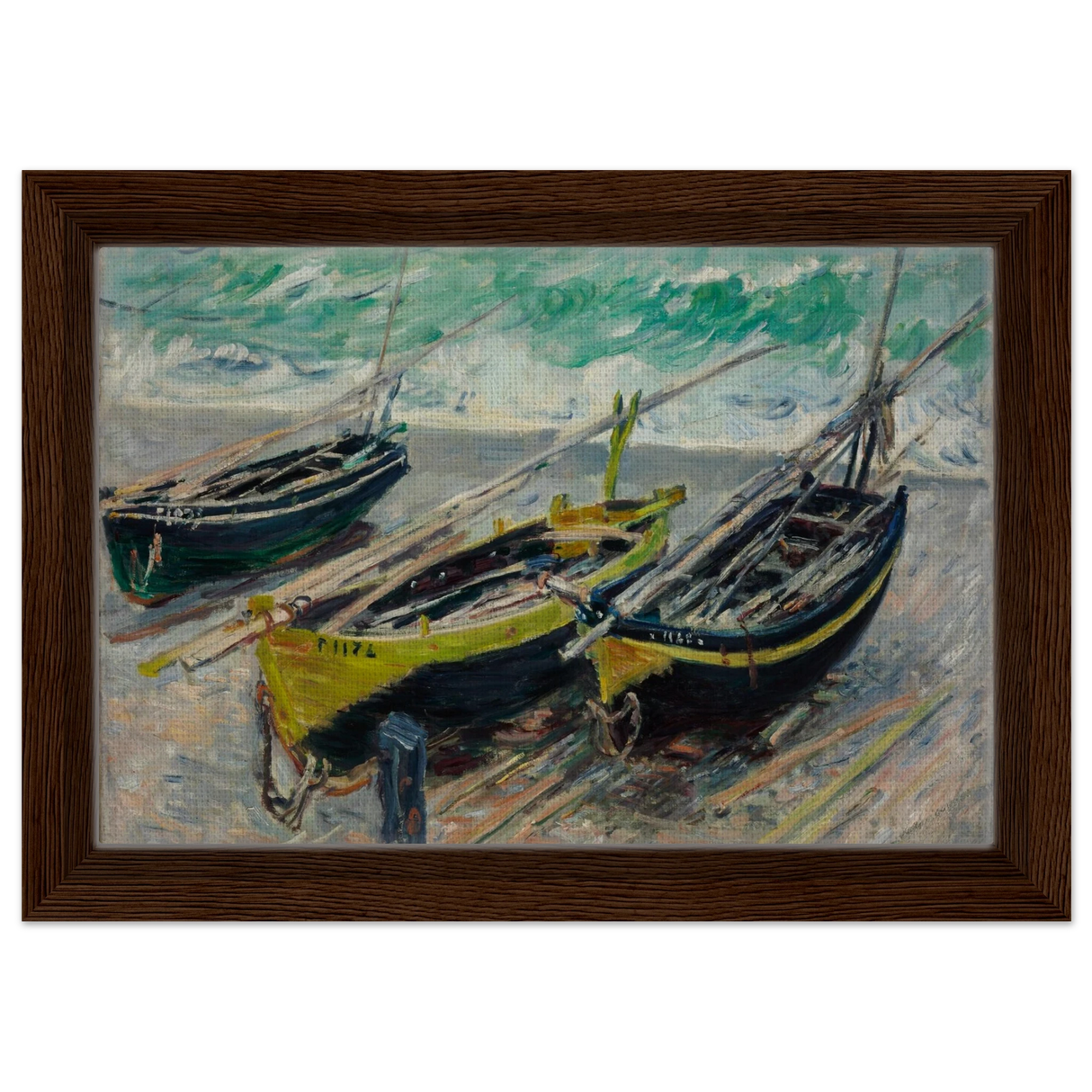 Three Fishing Boats (1886) – Claude Monet Wall Art Print - Framed Canvas - 20x30 cm / 8x12″ - Dark wood frame