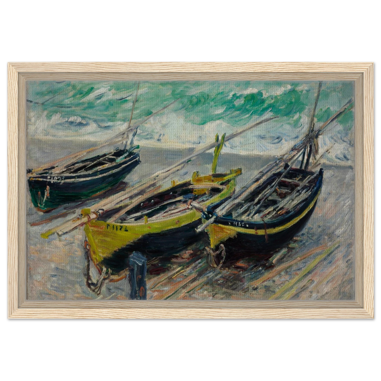 Three Fishing Boats (1886) – Claude Monet Wall Art Print - Framed Canvas - 30x45 cm / 12x18″ - Wood frame