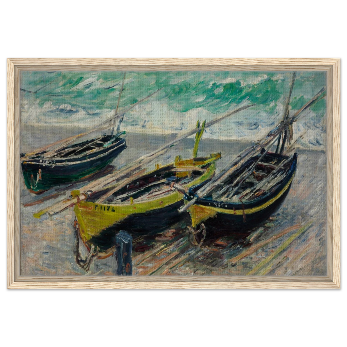 Three Fishing Boats (1886) – Claude Monet Wall Art Print - Framed Canvas - 40x60 cm / 16x24″ - Wood frame