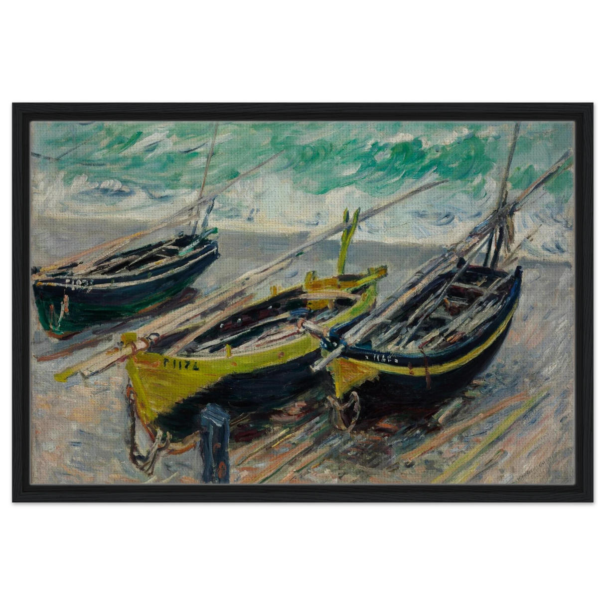 Three Fishing Boats (1886) – Claude Monet Wall Art Print - Framed Canvas - 50x75 cm / 20x30″ - Black frame