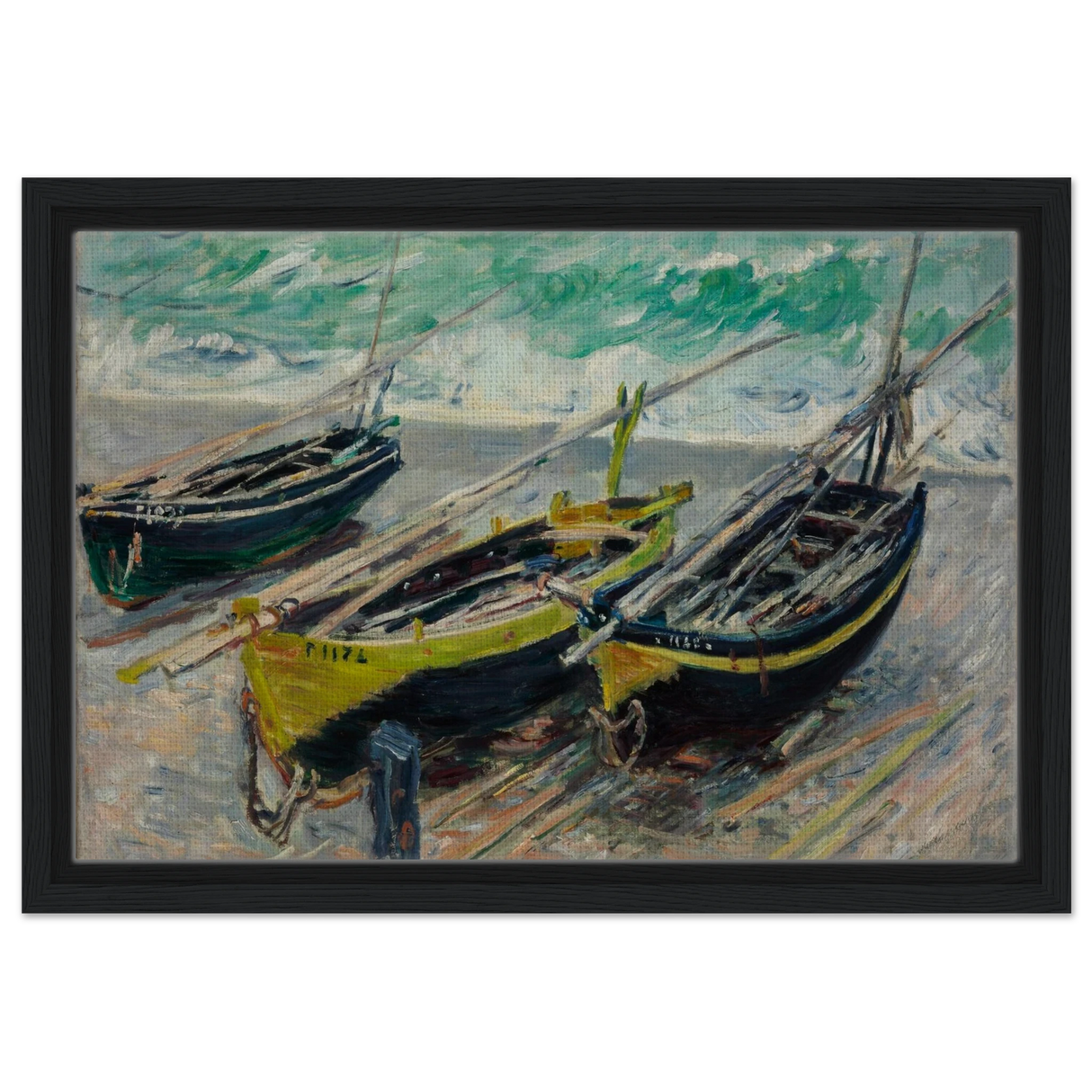 Three Fishing Boats (1886) – Claude Monet Wall Art Print - Framed Canvas - 30x45 cm / 12x18″ - Black frame
