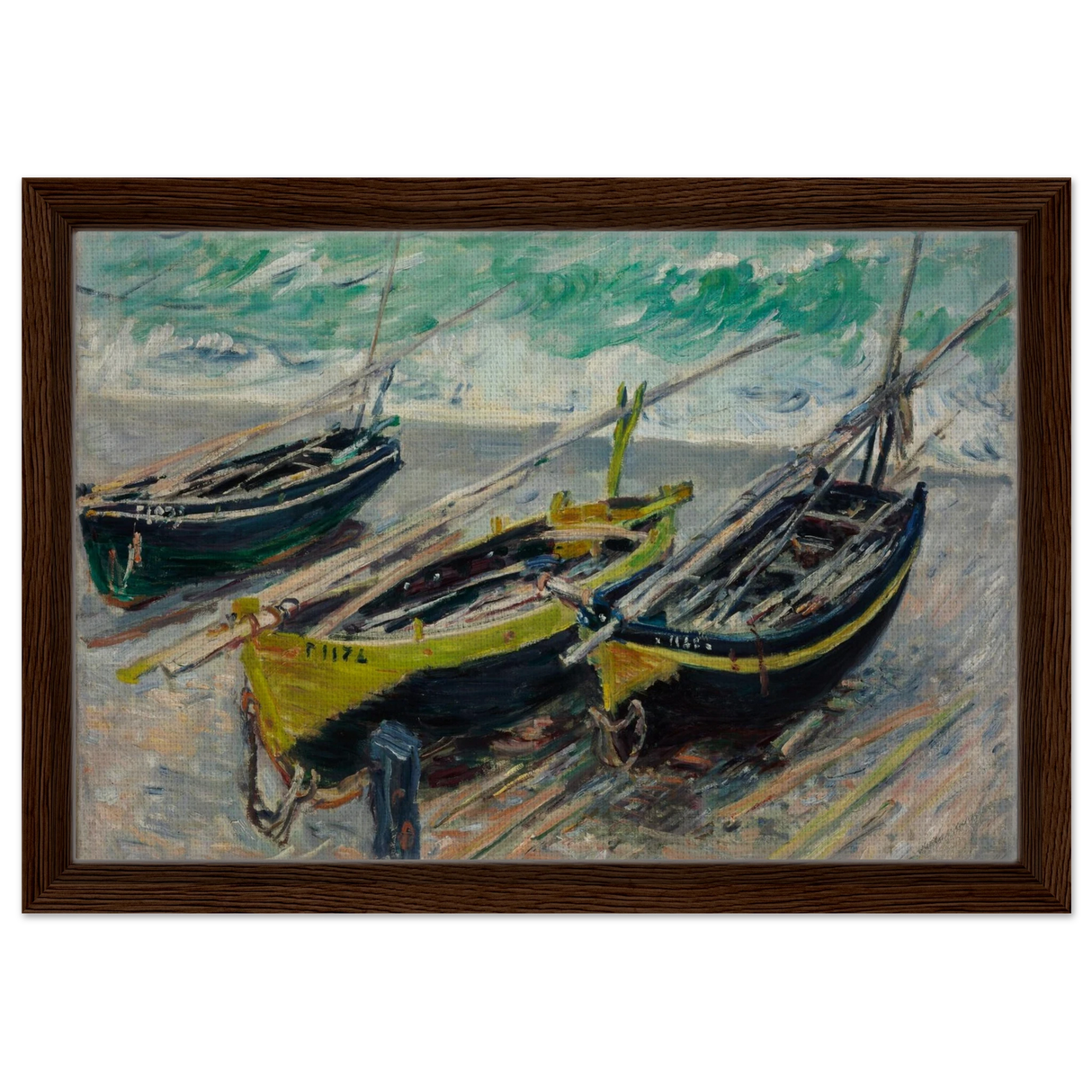 Three Fishing Boats (1886) – Claude Monet Wall Art Print - Framed Canvas - 30x45 cm / 12x18″ - Dark wood frame