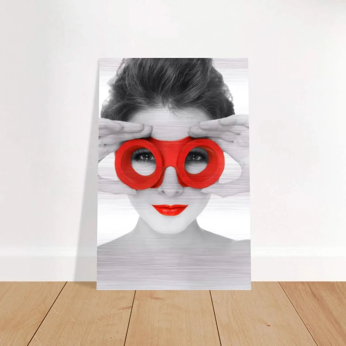 Through Crimson Eyes"– Monochrome Glamour Pop | Wall Art Print - Brushed Aluminum Print - 20x30 cm / 8x12″ -