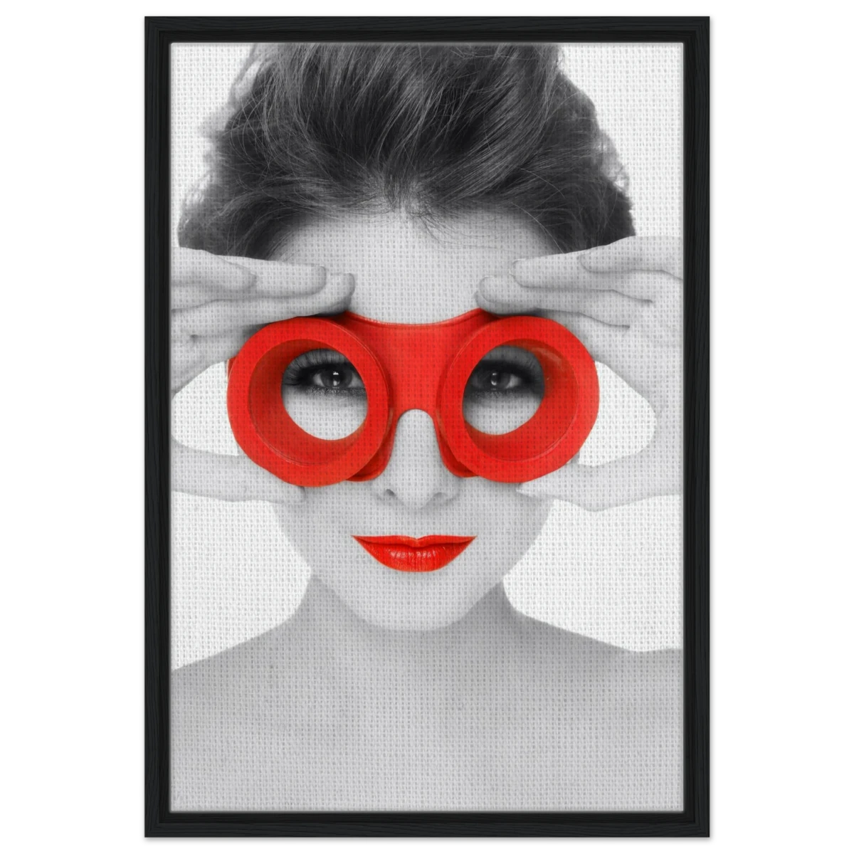 Through Crimson Eyes"– Monochrome Glamour Pop | Wall Art Print - Framed Canvas - 50x75 cm / 20x30″ - Black frame