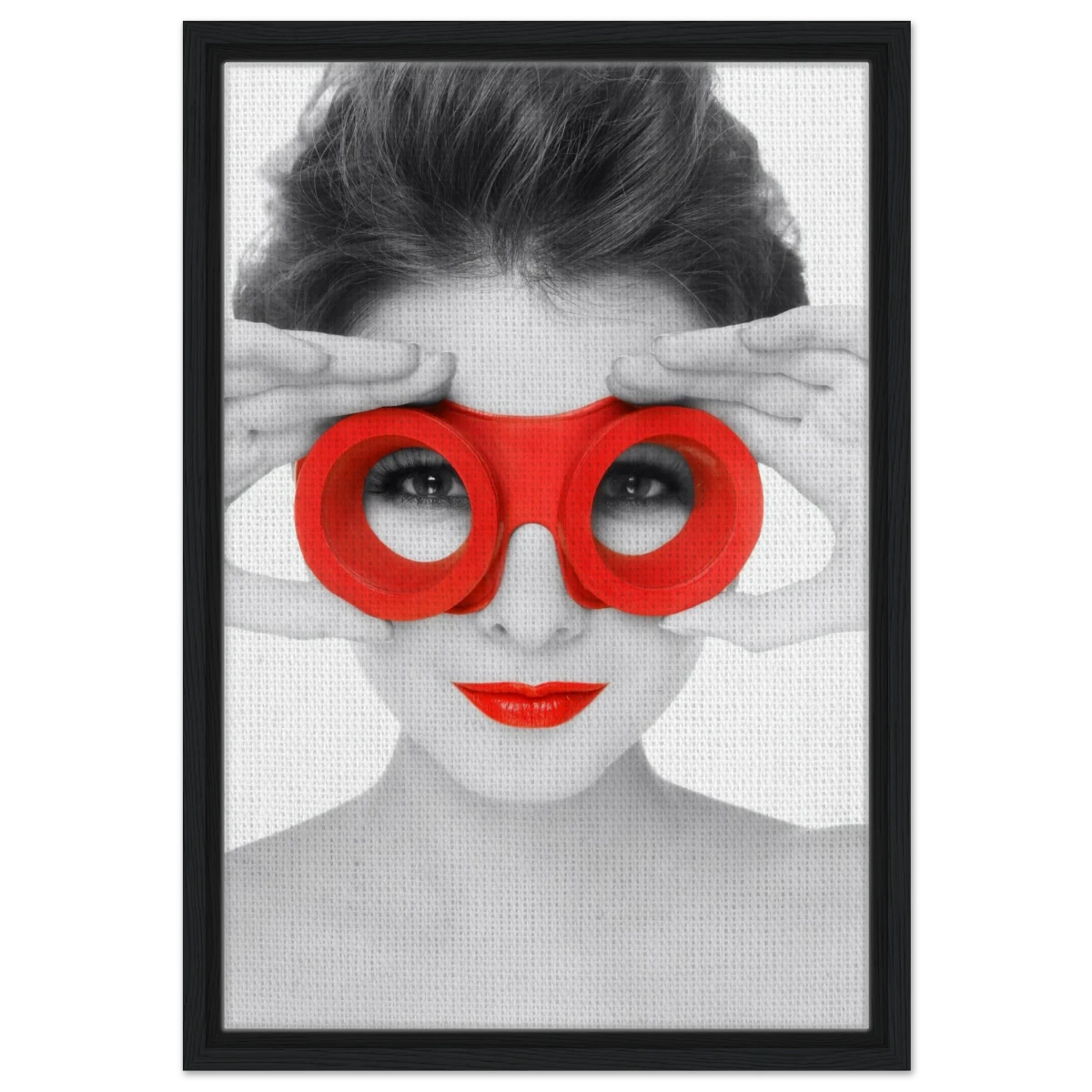Through Crimson Eyes"– Monochrome Glamour Pop | Wall Art Print - Framed Canvas - 40x60 cm / 16x24″ - Black frame