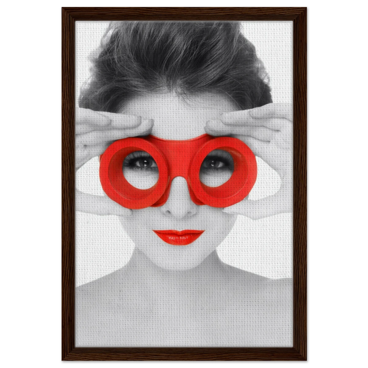 Through Crimson Eyes"– Monochrome Glamour Pop | Wall Art Print - Framed Canvas - 40x60 cm / 16x24″ - Dark wood frame